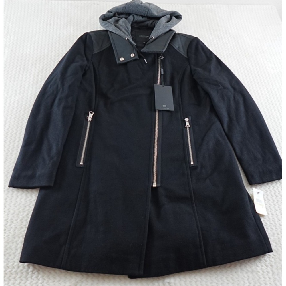 Marc New York  Andrew Marc wool coat size 14 black hooded asymmetric zip leather